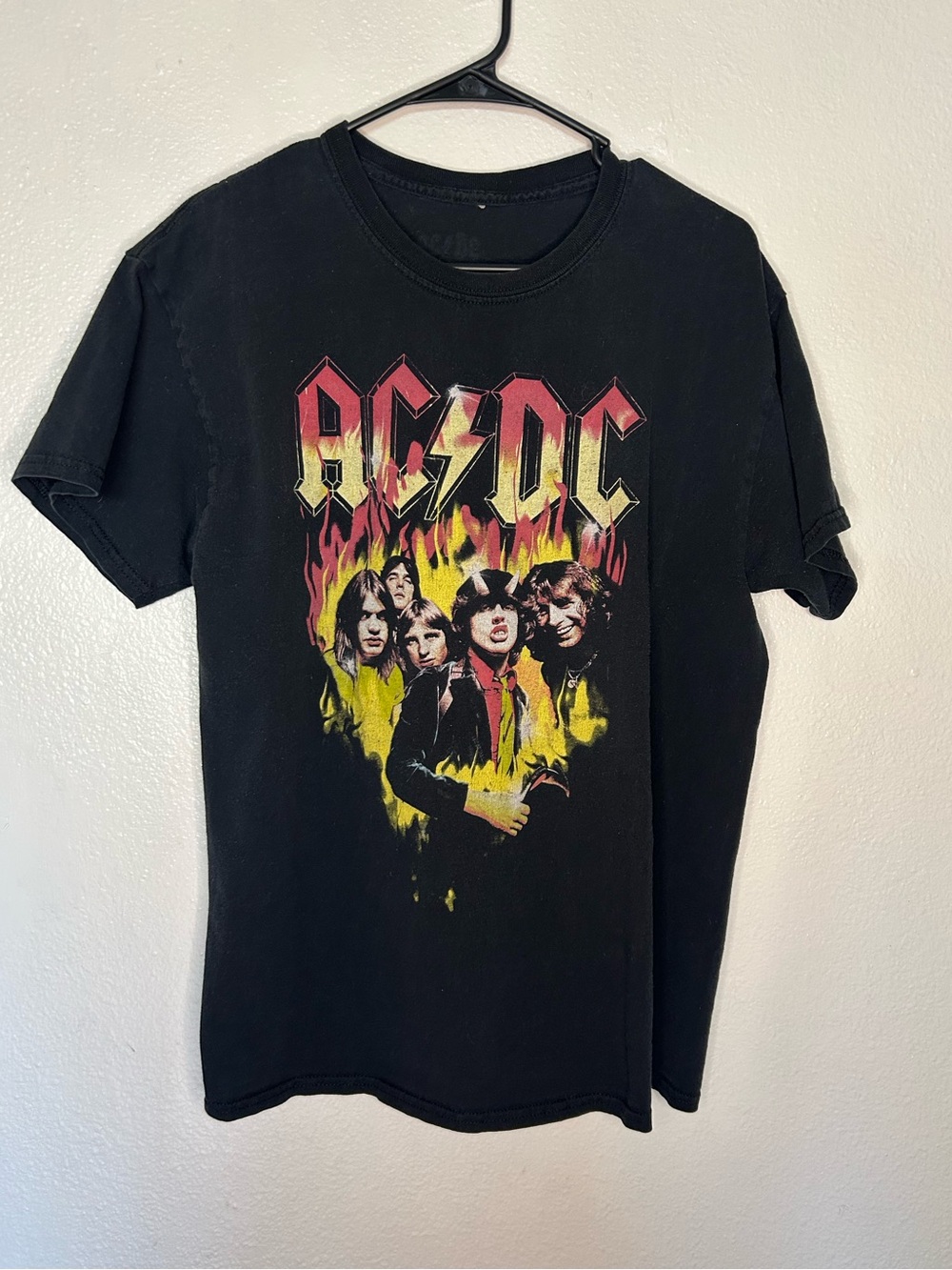 AC/DC Black Tee with Red and Yellow Flame Graphic
